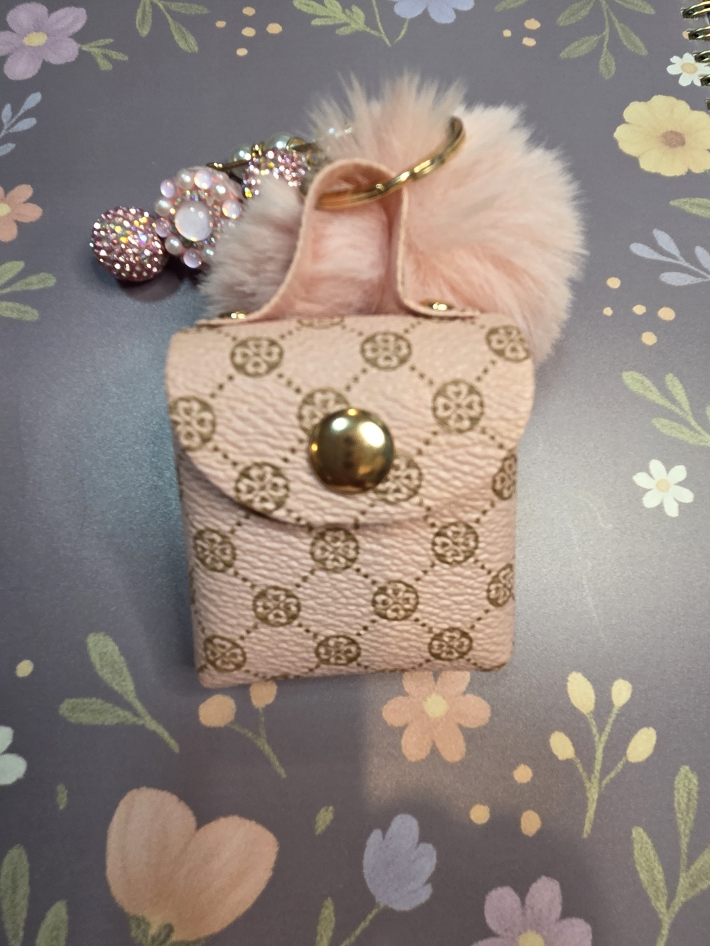 Pink Faux-Fur Pom Pom Keychain Bag Charm with Crystal Accents - Picture 9 of 14